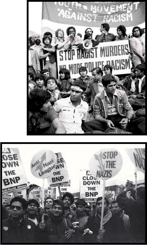 Two grayscale images of protests