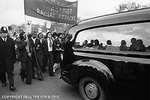 Park Lane, London W1,14 May 1978. Procession behind Altab Ali coffin from Whitechapel to Whitehall.
